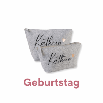 Kategoriebild für Kategorieübersicht. Personalisierte Filztaschen-Set in Grau mit elegantem Namensaufdruck und kleinem Herz-Design. Praktisch und stilvoll – das perfekte Geschenk zum Geburtstag für besondere Menschen.
