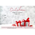 Geschenkgutschein von Majas Geschenkewelt mit silbernen und roten Geschenken – festliche Geschenkidee zu Weihnachten