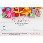 Geschenkgutschein von Majas Geschenkewelt mit bunten Geschenkboxen und rosa Schriftzug – ideales Geschenk für jeden Anlass