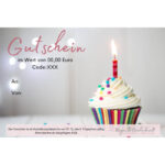 Geburtstagsgutschein von Majas Geschenkewelt mit Cupcake und Kerze – Gutschein zum Geburtstag verschenken